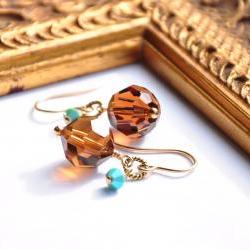 Small Crystal Earrings Brown Turquoise Blue 14K Gold Fill 