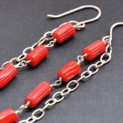 Bamboo Coral Earrings Red Stone Sterling Silver Long Chain Accessory Gem Jewelry Natural Semi-precious Stone Dangle Summer Fashion