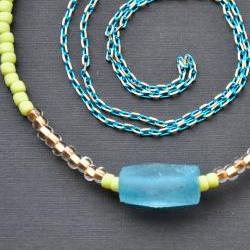Recycled Glass Necklace Seed Bead Long Chain Necklace Aqua Blue Lime Green Teal Gold Summer Fashion Weekend Wear Resort Beachwear Accessory